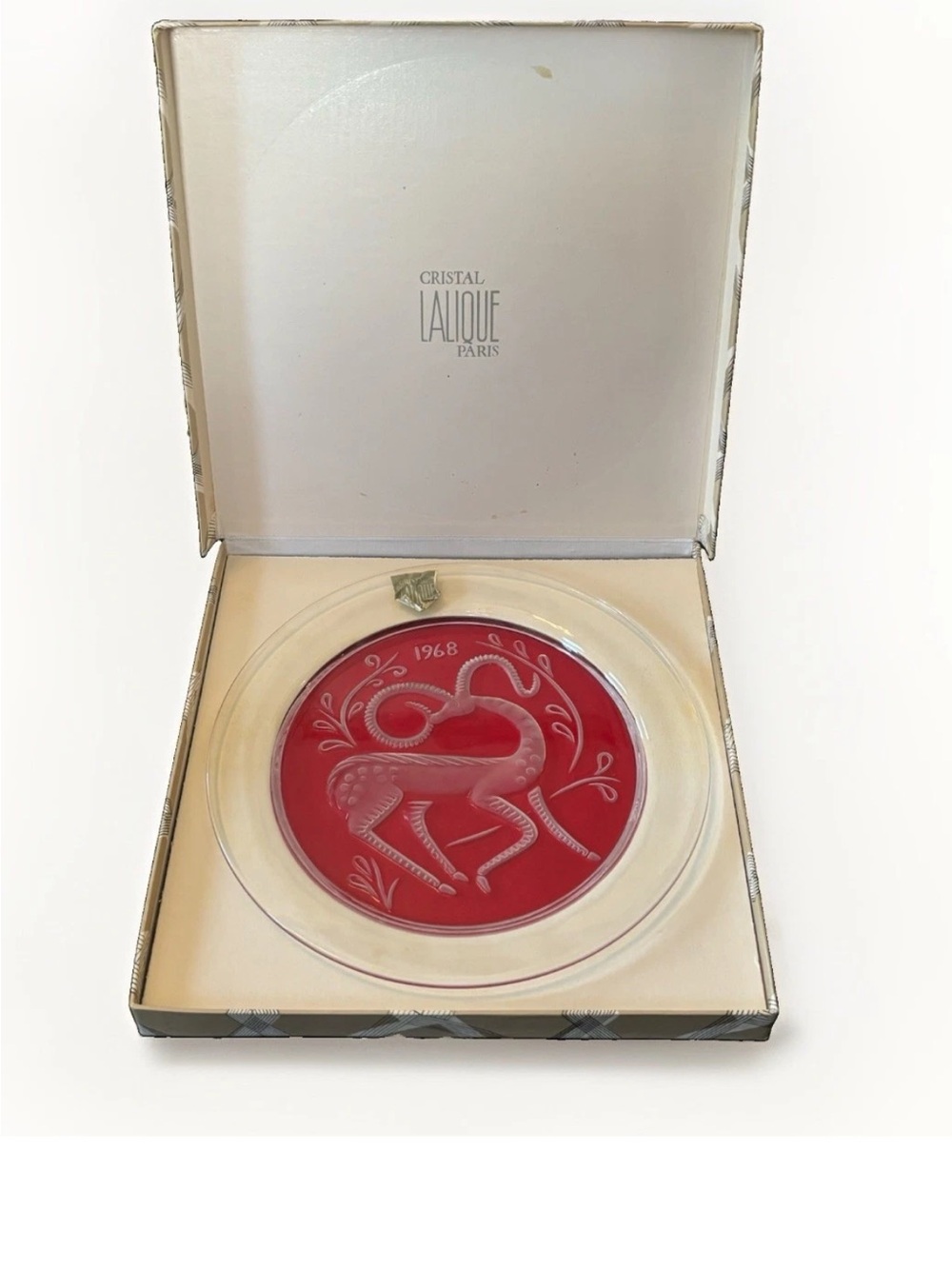 Lalique Cristal Paris 1968 Gazelle Fantasie Plate Marie-Claude Lalique Tag IOB